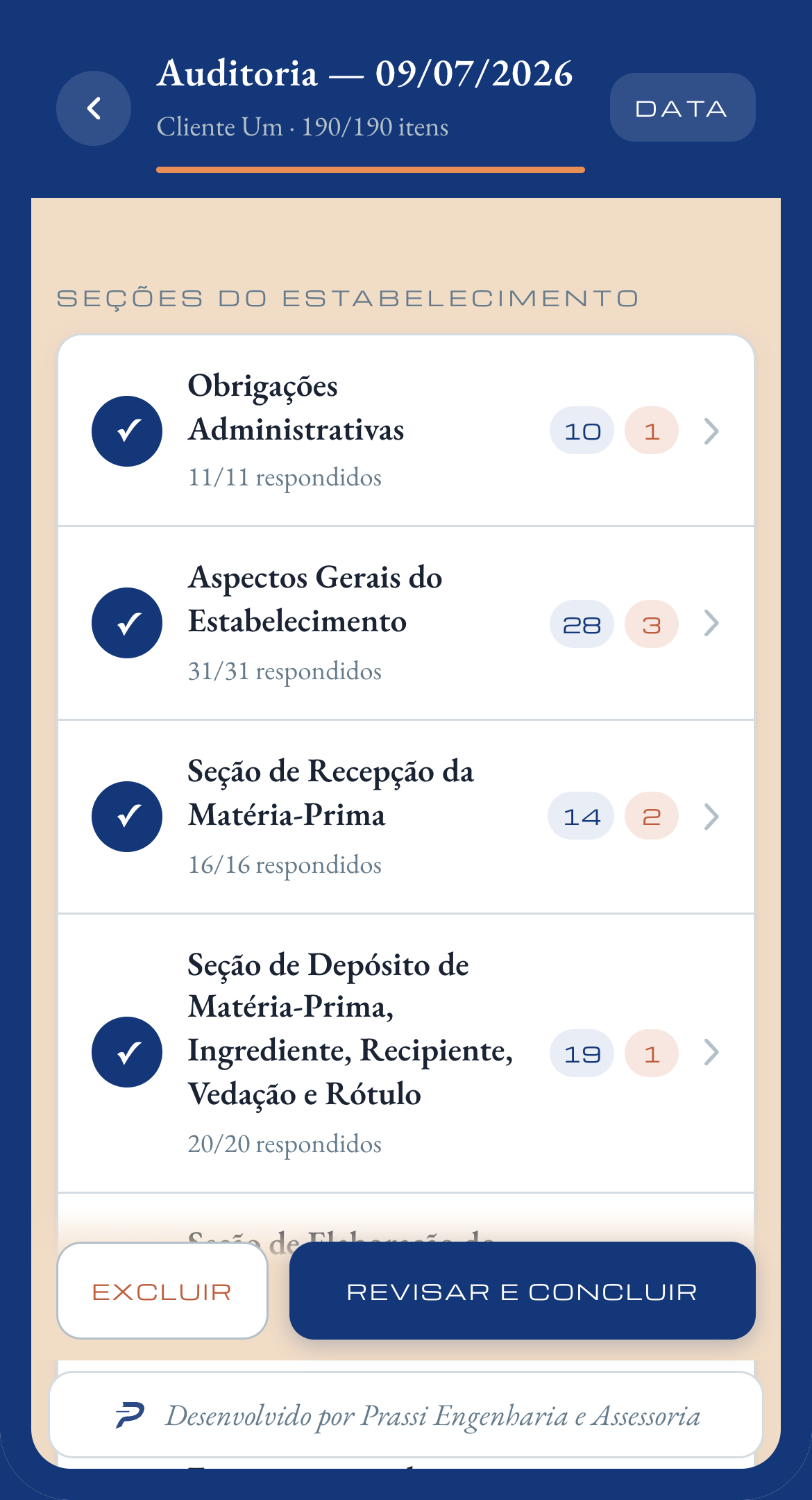 Seções da auditoria com progresso